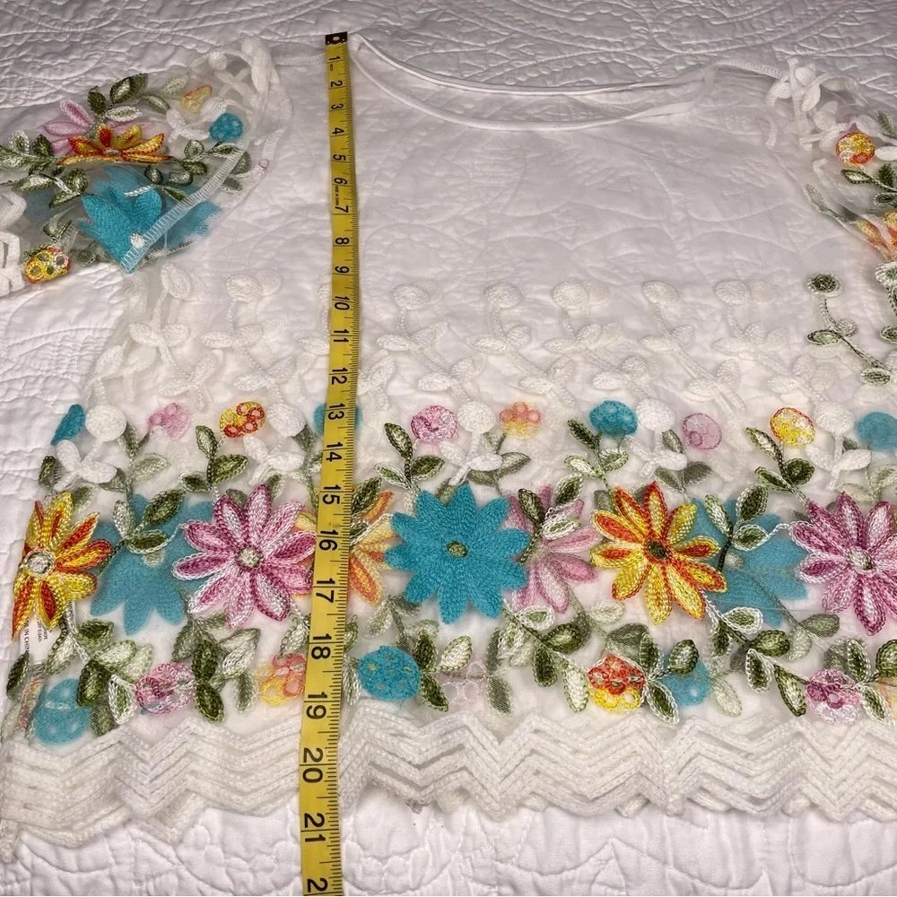 Embroidered Floral Top Size XL Sheer Tulle Background 
Boho Beach Party Garden - Picture 8 of 11